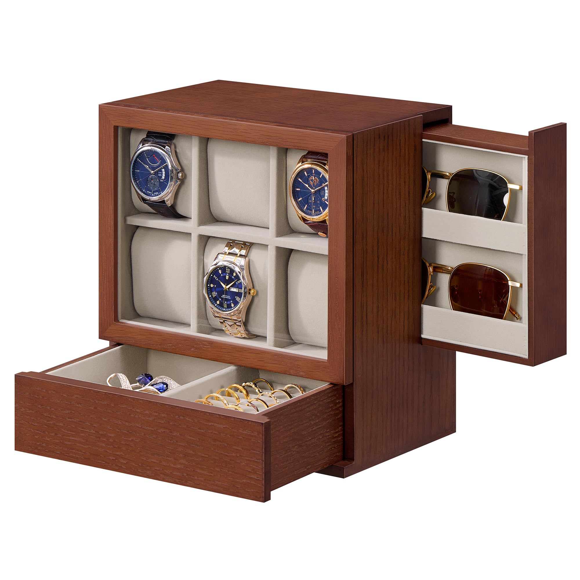 SONGMICS Boîte à Montre en Bois, Vertical, pour 6 Montres, avec Tiroirs