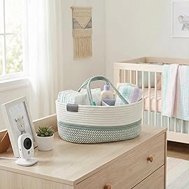 DECOMOMO Baby Caddy Organizer, Diaper Caddy Basket, Baby Baskets for Baby Shower (Sage Green & White, Large)