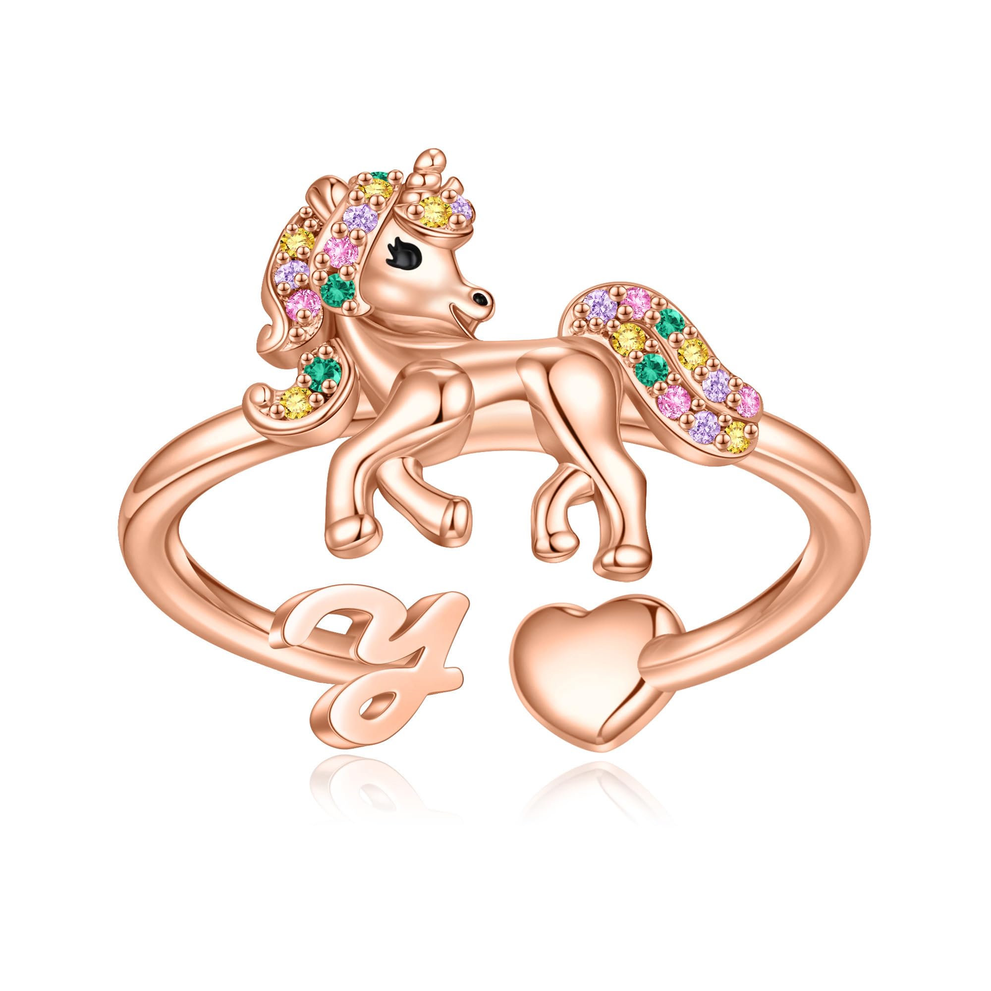 Unicorn Initial Rings for Teen Girls, Rose Gold/White Gold Plated Heart Initial Rings for Girls Adjustable Stackable Rings for Women Diny Heart Ring for Teen Girls Gifts Unicorns Gifts for Girls