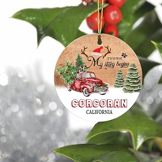 It's Where My Story Begins Ornament With City, State Corcoran California CA Ornament New Home - Housewarming Gift Ideas Merry Christmas Ornament Red Truck 3 Inch Plastic