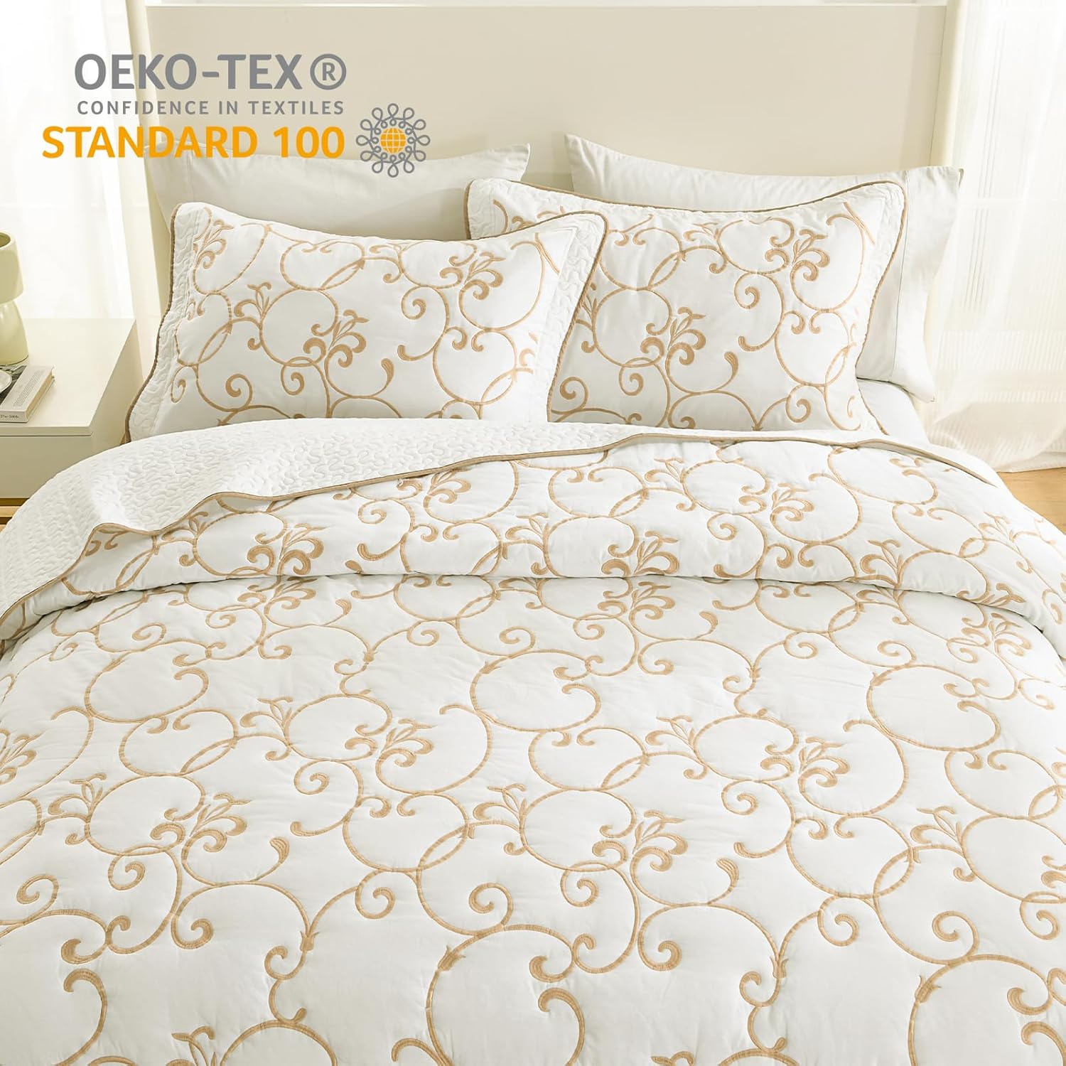 Bedduvit 100% Cotton 120"x120" Oversized California King Bedspread Coverlet Set - 3 Piece Bedspreads Cal King Size Oversized King Quilt Bedding Set, Vintage Embroidery Vine Extra Large Quilt, Beige