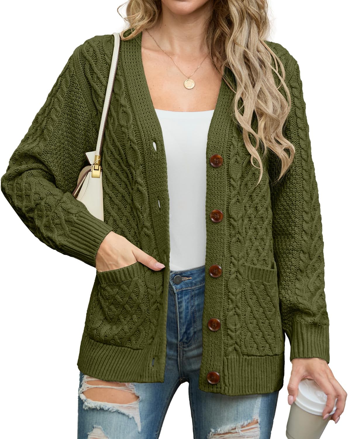 GRECERELLE Women 2025 Fall Long Sleeve Cable Knit Sweater Button Open Front Cardigan Loose Outerwear Coat with Pockets