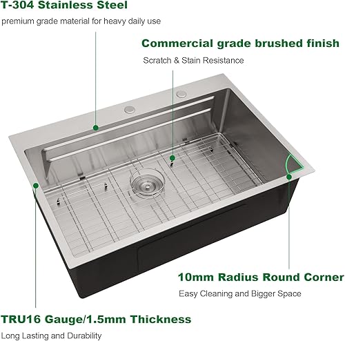 Miniatura 8 de Sarlai - Fregadero de cocina de 33 niveles con repisa de doble nivel, con estación de trabajo de 33 x 22 pulgadas, de acero inoxidable de calibre