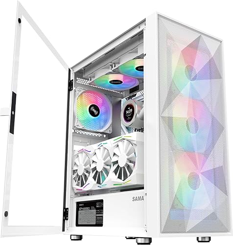 Miniatura 7 de SAMA 3509 ATX Mid Tower - Carcasa de computadora de malla de acero de vidrio templado frontal con puerta abierta, 4 ventiladores ARGB preinstalados
