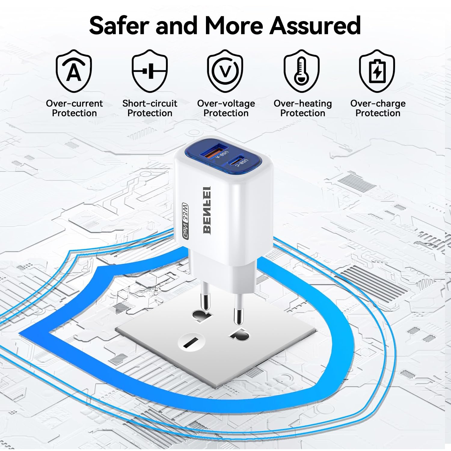 Ładowarka ścienna BENFEI GaN USB-C 33 W, szybki ładowarka 2-portowy dla iPhone serii 16/15, Galaxy S25/S24, iPad Pro, Steam Deck i inne urządzenia (zawiera kabel USB-C 60 W i 91 cm)