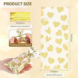 COQOFA 100 Pcs Gold Heart Cello Cellophane Treat Bags - Clear Candy Cookie Bags with Twist Ties for Baby Shower, Valentine, Wedding, Birthday