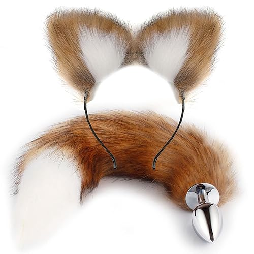Anal Plug Butt Plug, 2Pcs/Set Sex Fox Tail Anales Plug Toys Butt Plugs with Cat Ears Headband Anal Sex Toys for Women Man Beginners Adult Couples Bondage, Brown/White - Brown/White