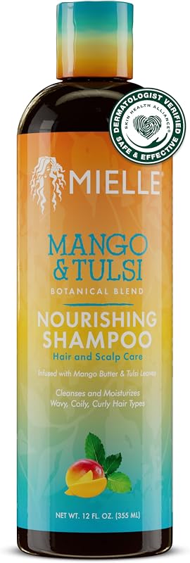 Mielle Organics Mango & Tulsi Nourishing Hair Shampoo - Moisturizing Shampoo for Curly Hair - Gently Cleanses & Remove Scalp Impurities - Nourishes, Strengthens & Balances Moisture (6 Fl Oz)