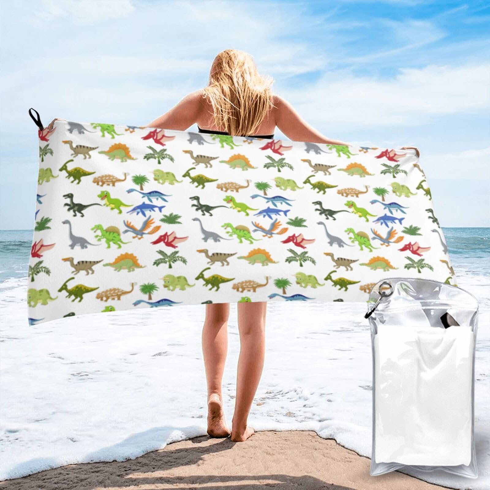 VCzsdff Cartoon Dinosaur Images Print Quick Dry Towel Compact Beach Shower Wrap For Camping Fitness