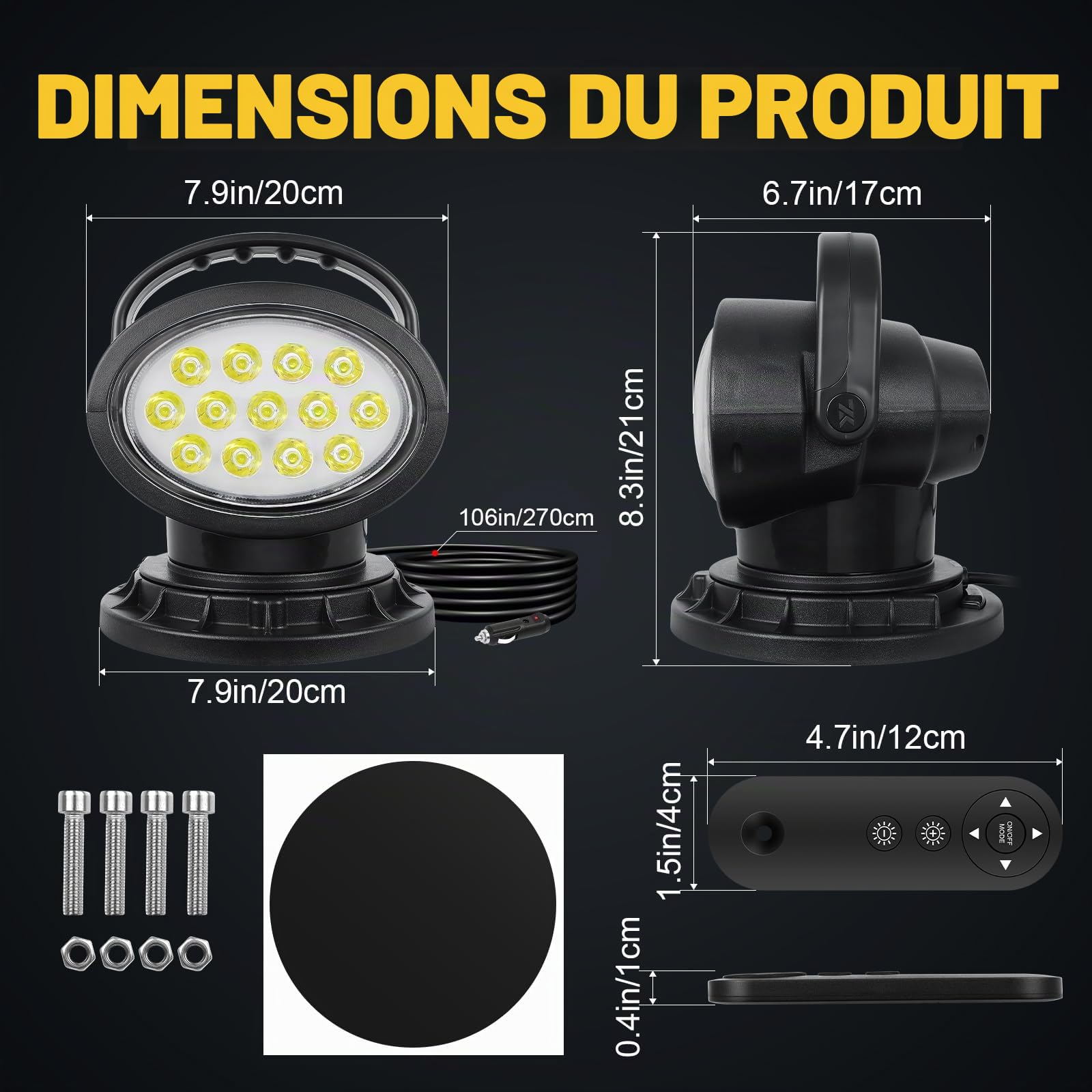 50W Projecteur LED Télécommandé, Lampe de Travail LED Rotative 360° | Mode Strobe, Aimants Puissants Intégrés, Luminosité Réglable, Projecteur 12V 24V pour Camions Bateaux Chasse