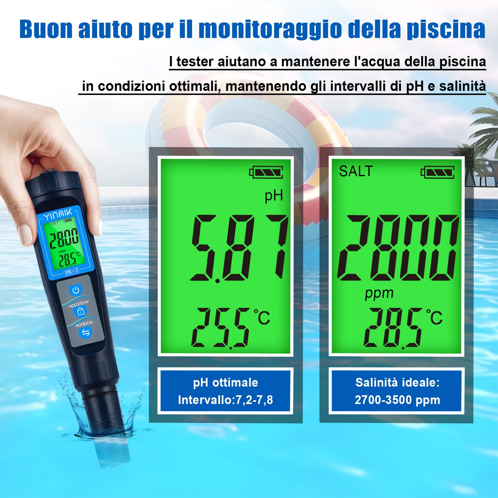 YINMIK Misuratore pH salinità per piscine, Tester digitale pH salinità per piscine di acqua salata, Tester pH salinità TDS EC 5 in 1 per piscine fuori terra, acquari, acqua potabile,coltura idroponica