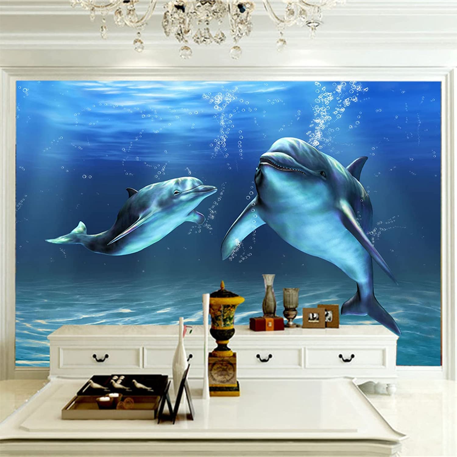 Papel Pintado Mural, 3D Pareja De Delfines Bajo El Agua Papel Pintado Autoadhesivo Peel And Stick Para Sala De Estar, Dormitorio, Tv, Fondo, Oficina, Restaurante, Habitación, 400(ancho) x280(alto) cm