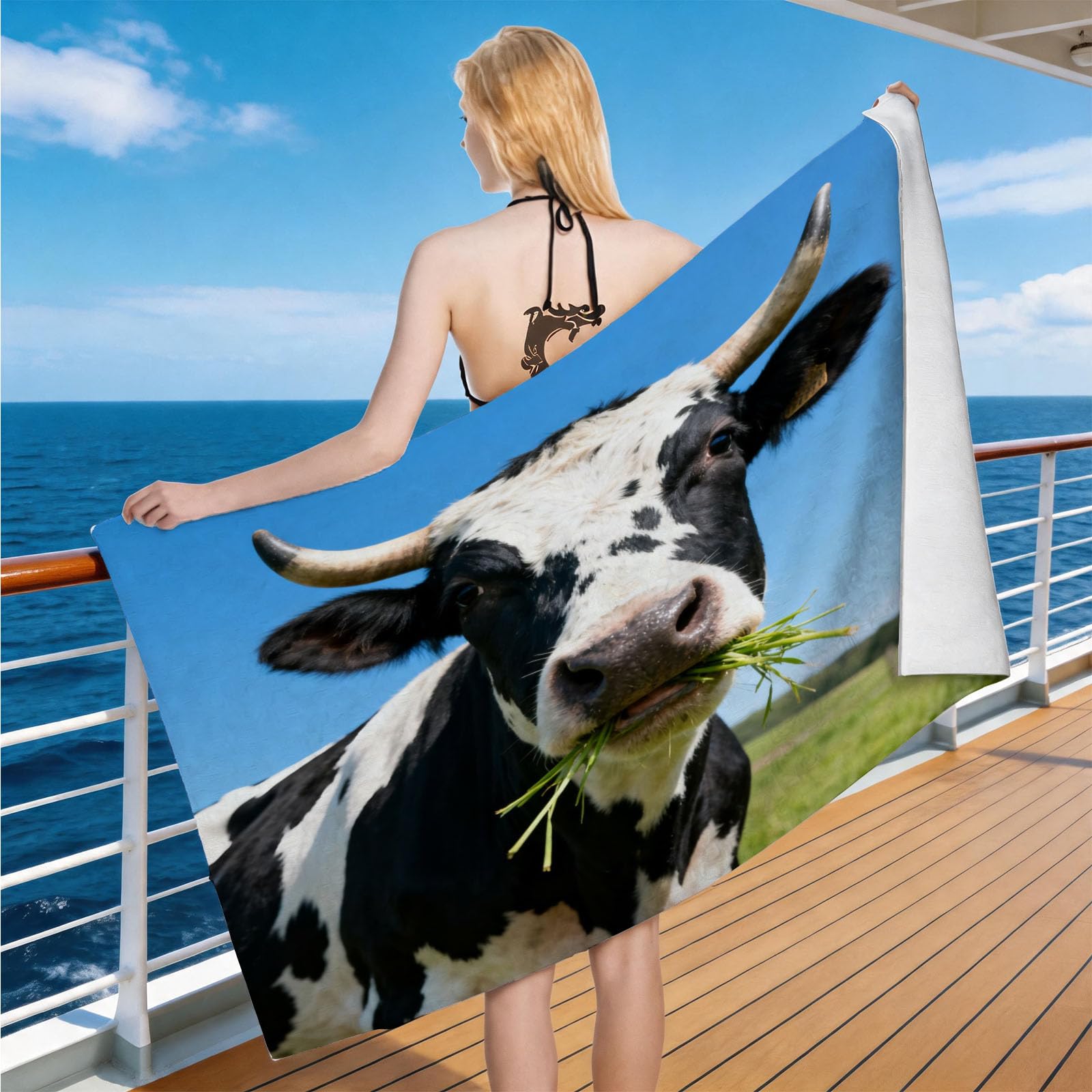 Hongduo Microfiber Quick Dry Beach Towel Black White Cow, 3D Animal Beach Towels Absorbent Fast Drying Bath Towels, Travel Camping Gym Swimming Bathroom (100x200cm)