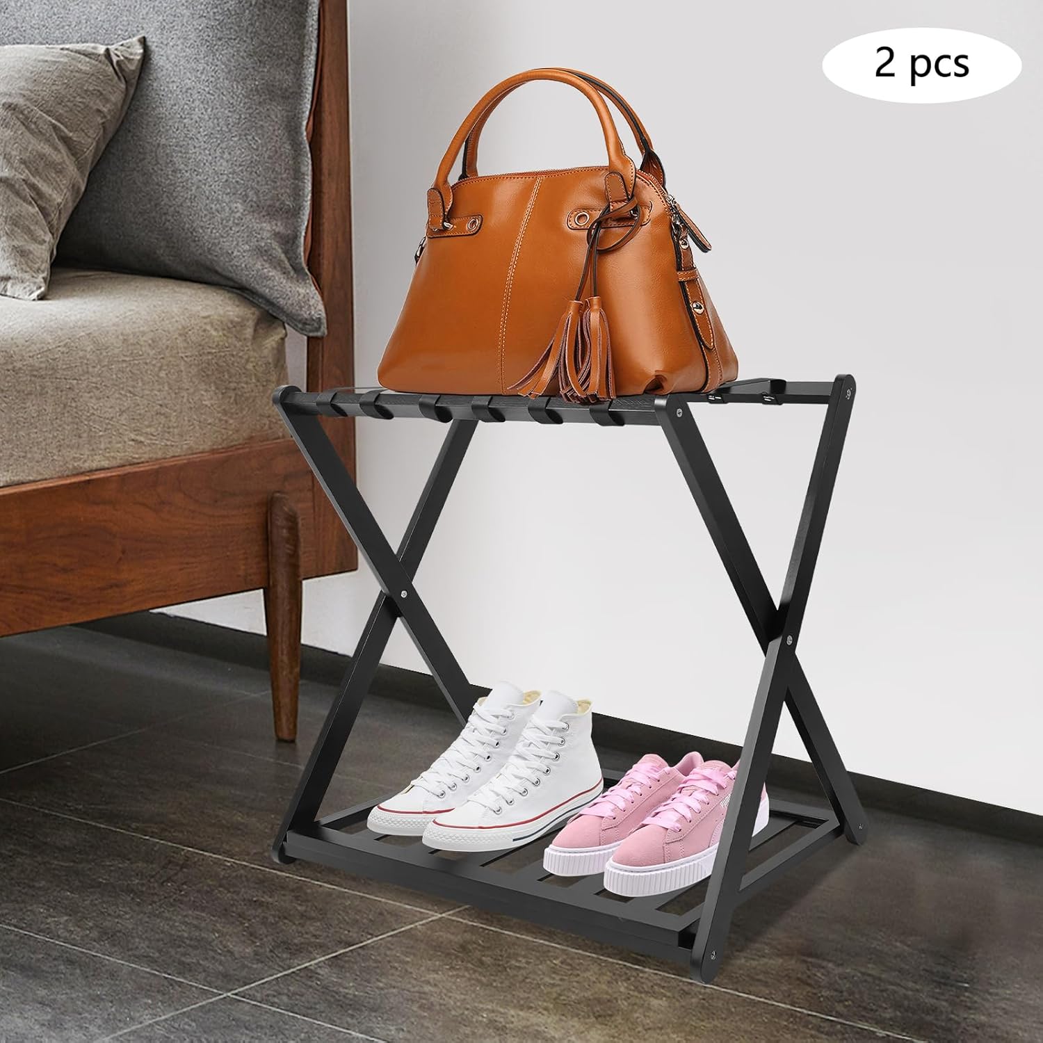 KOLHGNSE 2 Pack Luggage Rack, Folding Bamboo Suitcase Stand with X-Shaped Frame, 88 lbs Heavy Duty Luggage Holder for Guest Room Bedroom Travel