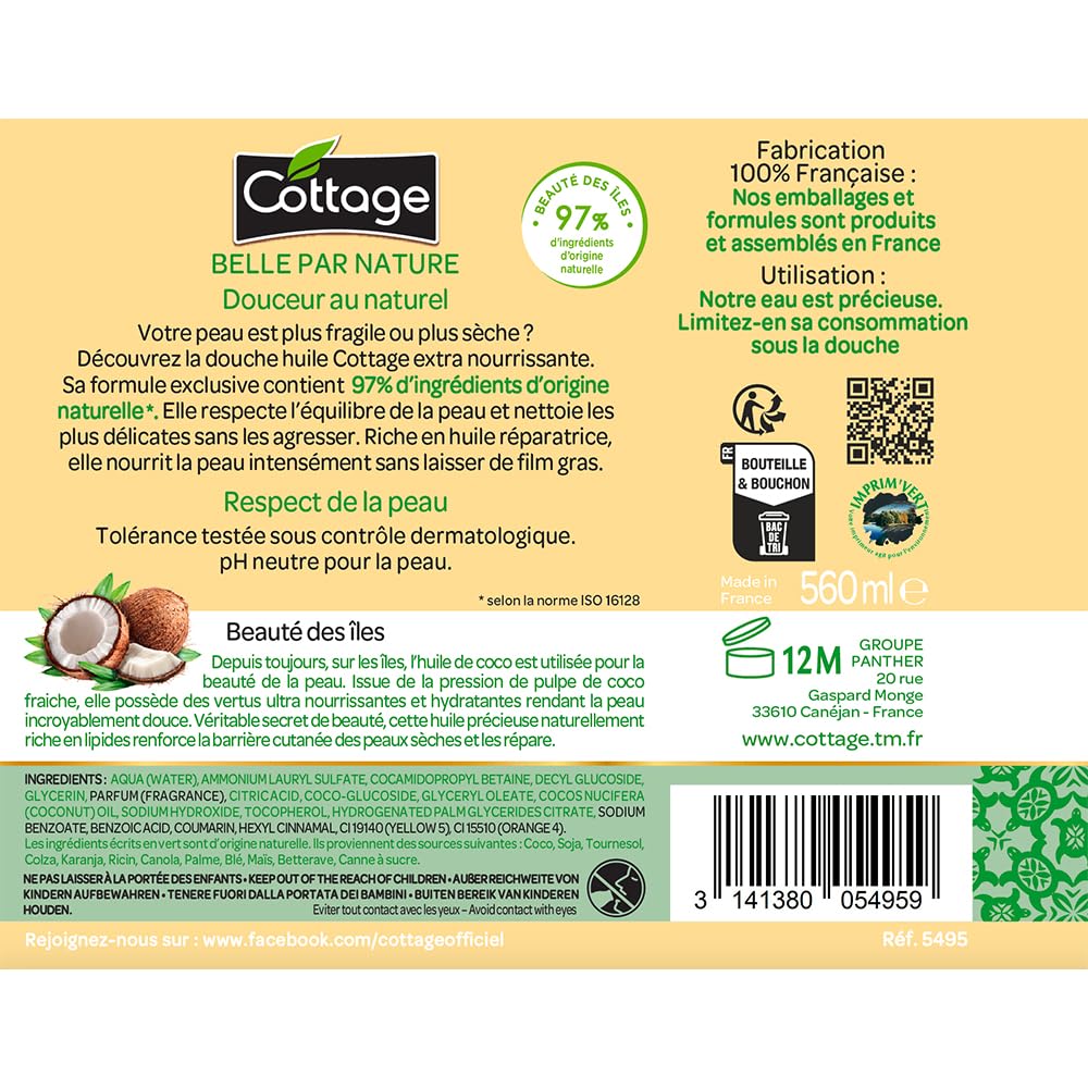 Cottage Aceite de ducha extra nutritivo con aceite de coco, piel seca y sensible, 560 ml