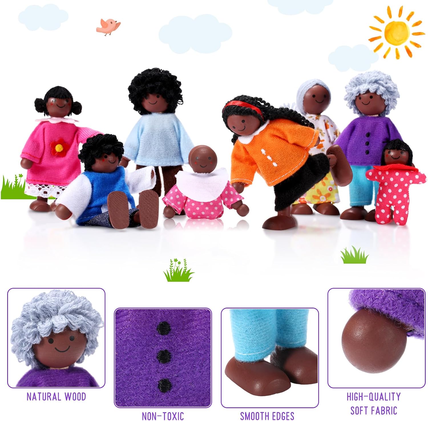 Sumind 35 Pcs Wooden Dollhouse Furniture and 8 African American Dolls Set for Inclusive Creative Play Fits Most 1 12 Scale Miniature Houses Easter Gift for Boys Girls