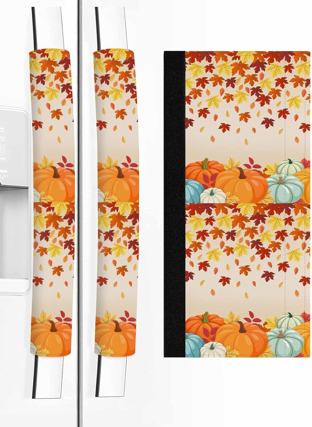 Thanksgiving Fall Refrigerator Door Handle Covers Set of 2 for Dishwasher Microwave Oven Fridge Stove Door Handles,Washable Kitchen Decor Accessories,Autumn Pumpkins Maple Leaves Orange Watercolor