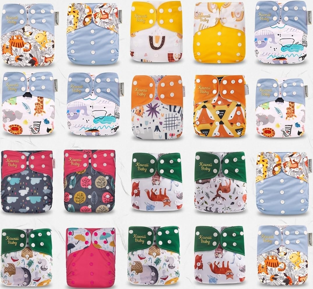 20-Pack KaWaii Baby Reusable Unisex Cloth Diaper Shells, One Size Adjustable Washable Leak-Proof Pocket Baby Nappies