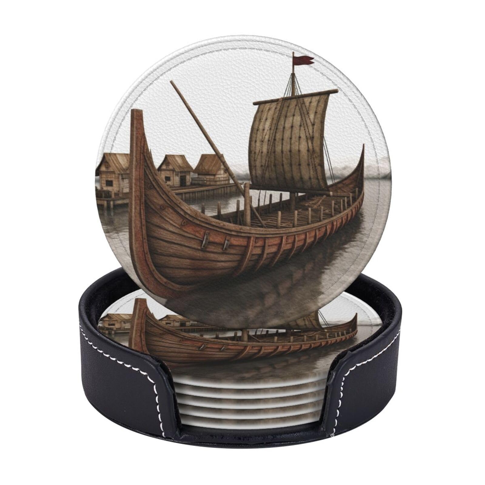 Round Coasters for Drinks Set of 6 - PU Leather Coasters with Holder - Modern Drink Coasters for Coffee Table - Old Viking Boat Coaster for Tabletop Protection 4" Cup Mat Pad