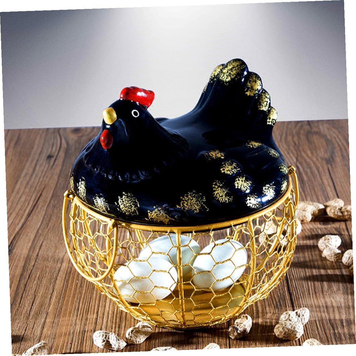 BETOOKY Farmhouse Style Iron Wire Egg Basket with Lid, Kitchen Egg Storage Container and Fruit Basket, Black and Gold Metal Food Organizer for Countertop and Home Use