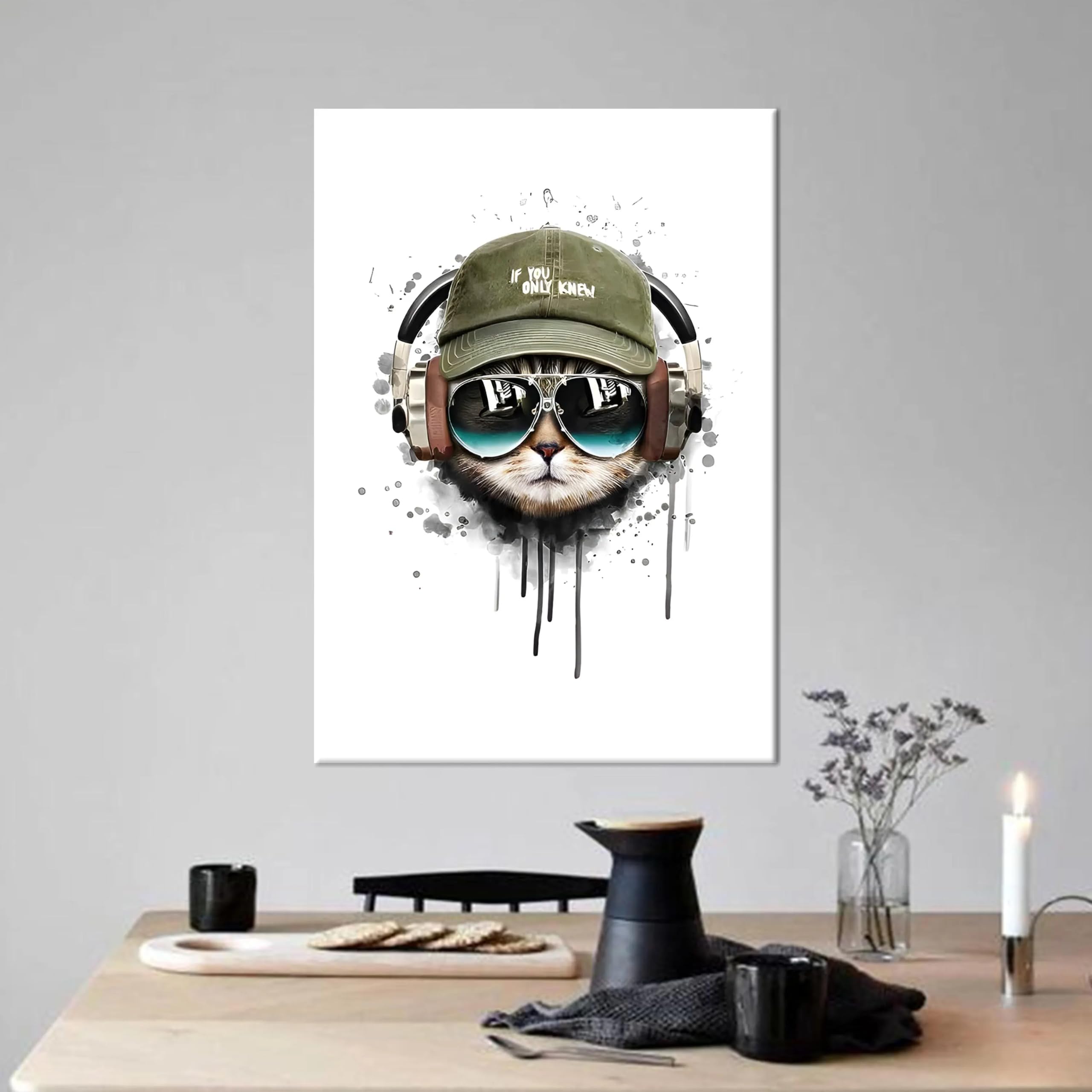 LYBCEOUG Tela divertente con gatto, arte murale hip hop, poster di animali, decorazione per la tana dell'uomo (70x90 cm/con cornice)