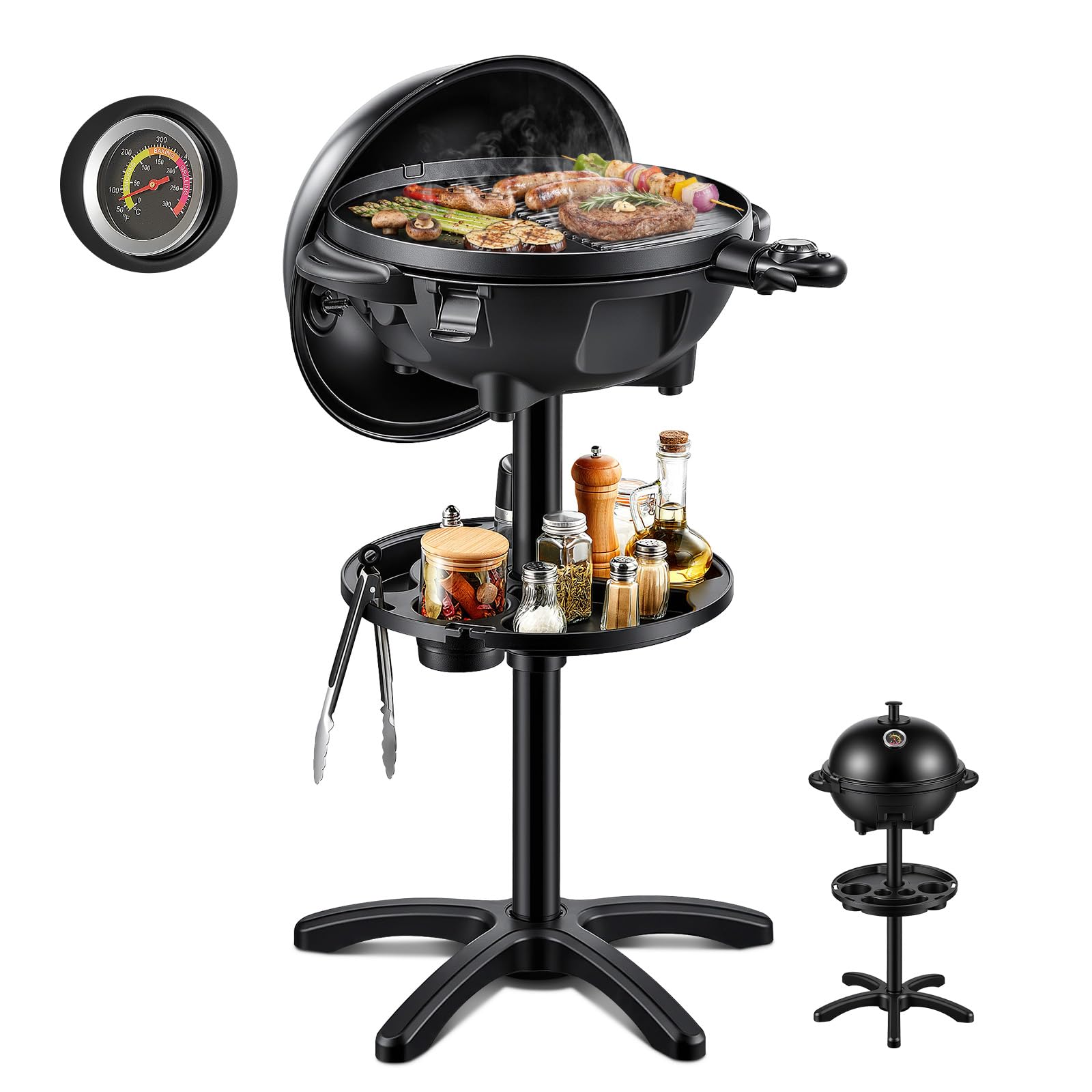 FOHERE 2400W Barbecue Électrique 2 in 1: Grill sur Pied & de Table, Température Réglable 0-300°C, 2 Zones Plaque Antiadhésive Ø41cm, Étagère à Condiments et Bac à Graisse, Noir