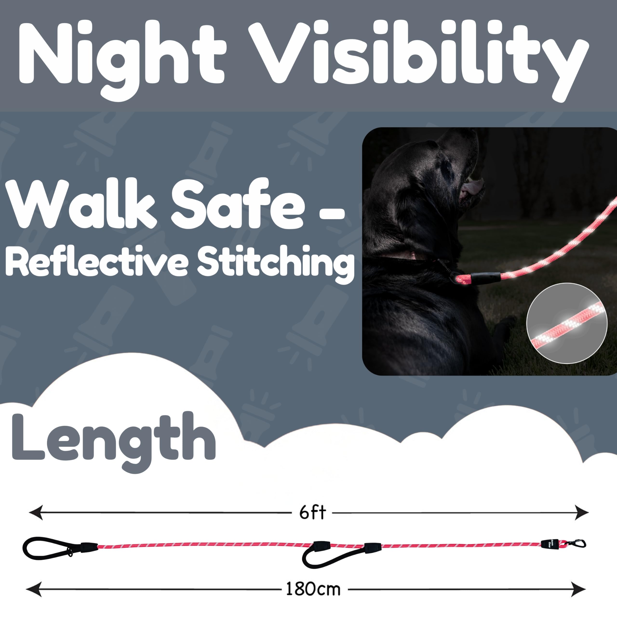 6 Foot Dog Leash, Two Extra Padded Handles, Locking Carabiner Clip, Reflective for Night Visibility, Weatherproof, Heavy Duty Rope Leash, Roam Gear (Pink) - image 6