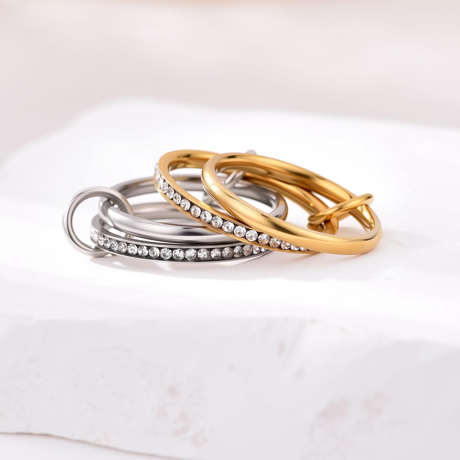 18K Gold Interlocked Stackable Rings for Women, Gold Silver Ring Stack Set, Mixed Metal Stacked, Two Tone Connected, Interlocking Statement Finger Rings Jewelry - Image 5