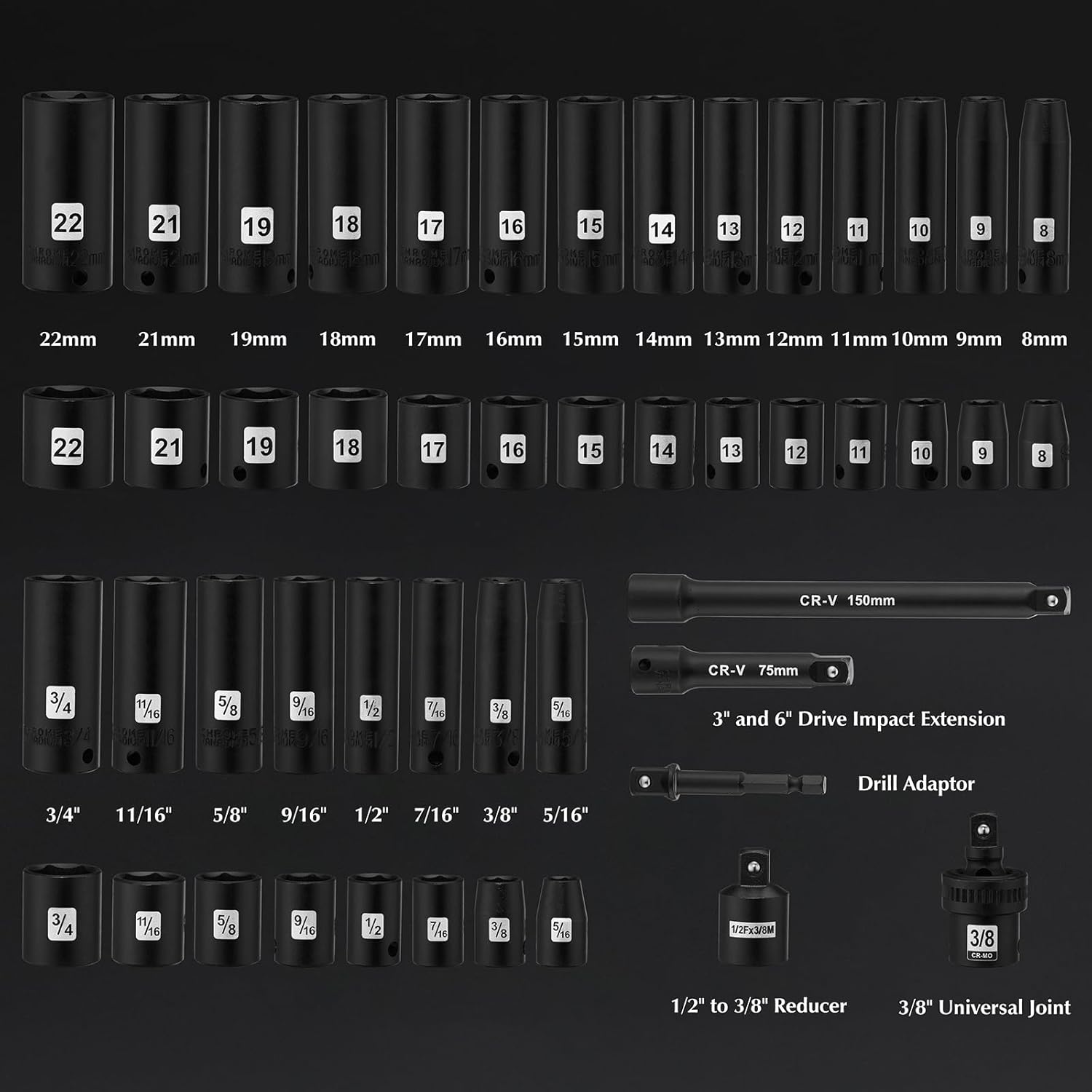 EMENTOL 49PCS 3/8" Drive Impact Socket Set, (5/16"-3/4", 8mm-22mm), SAE/Metric, Deep & Shallow CR-V, 6-Point Impact Socket Set, Impact Extension Bars, Reducer, Universal Joint
