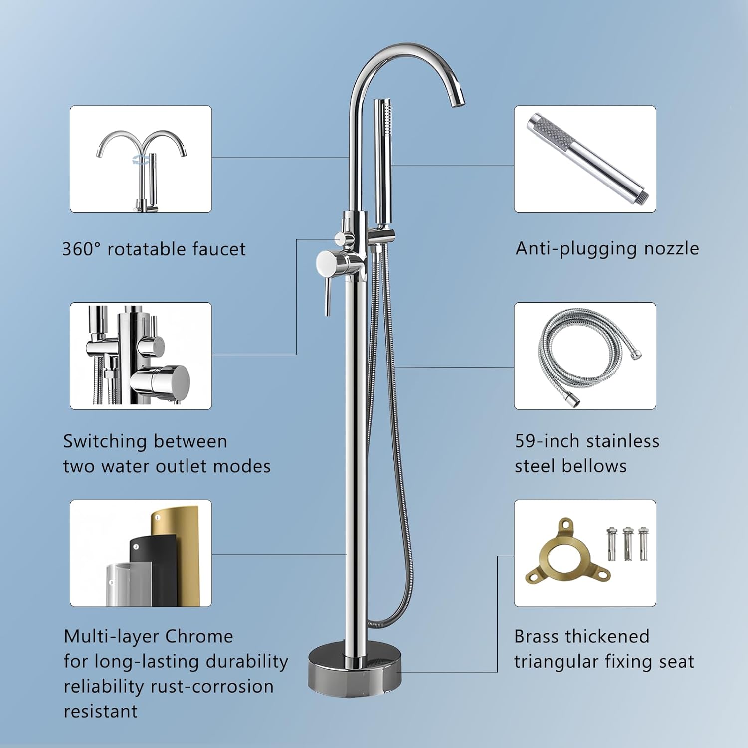 Freestanding Bathtub Faucet, Floor Mount Bathtub Faucet Freestanding Tub Faucet Standing Bathtub Filler, High-Flow Bath Shower Faucet with Handheld sprinkler, Chrome Plated, Brass