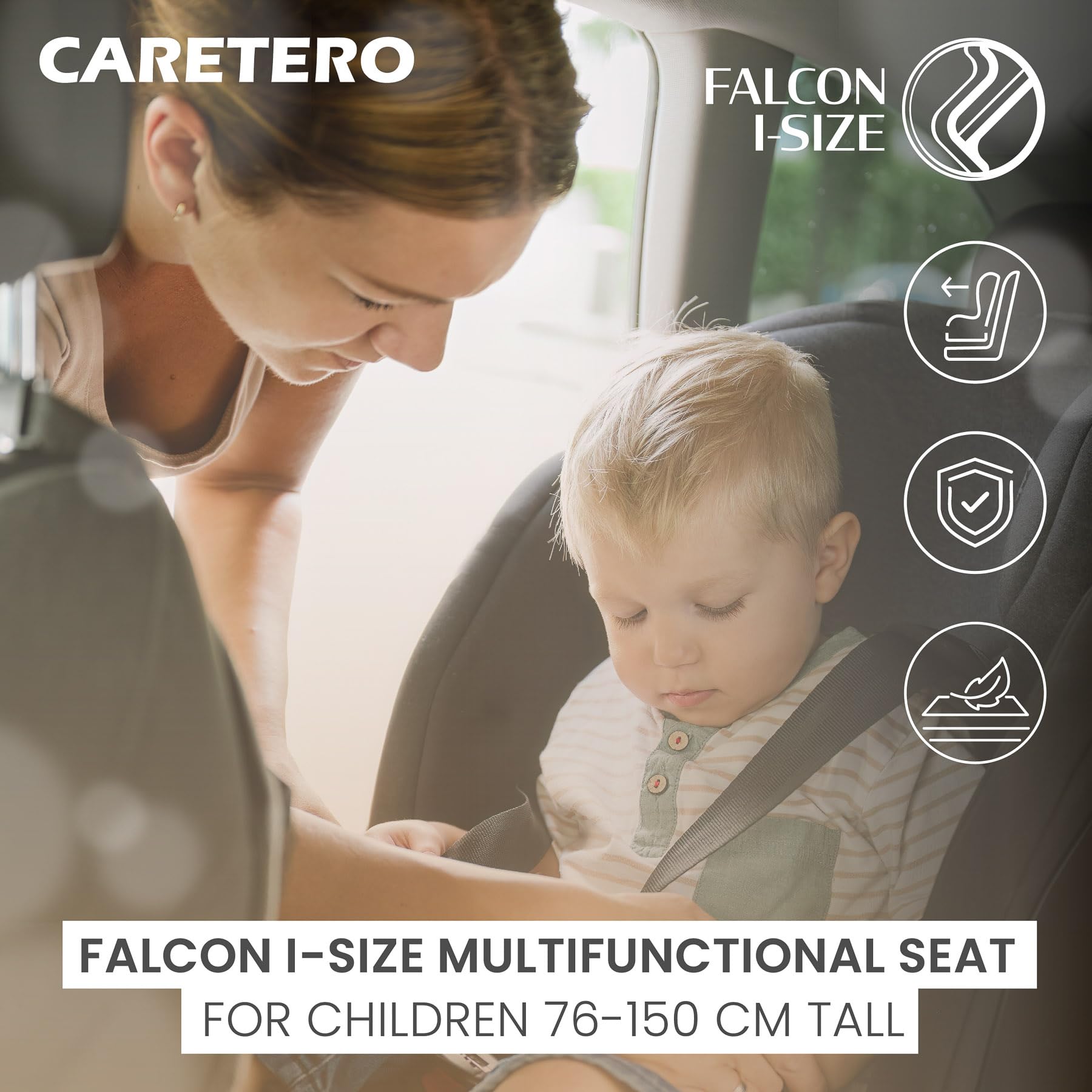 CARETERO - Falcon - Fotelik samochodowy dla dzieci od 76 do 150 cm, 3 w 1, regulacja nachylenia w 5 pozycjach - dostosowuje się do wzrostu dziecka - Czarny