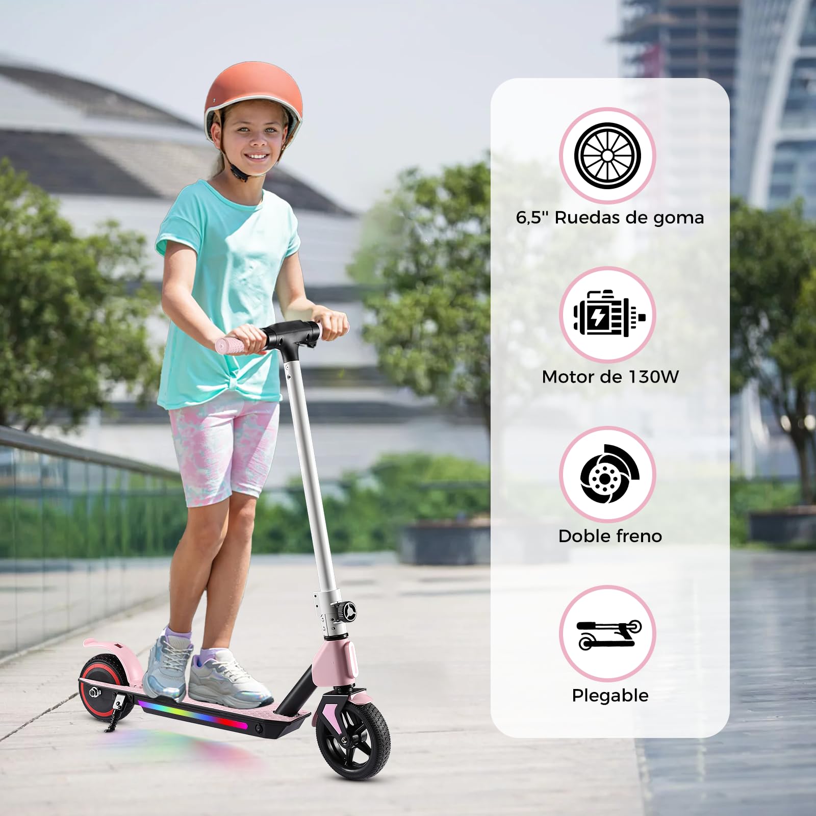 Patinete Eléctrico Niño 130W Plegable y Ligero, Velocidad Máxima de 15 km/h, 3 Modos de Velocidad, Pantalla LED y Luces Coloridas, Cumpleaños y Navidad (Rosa)