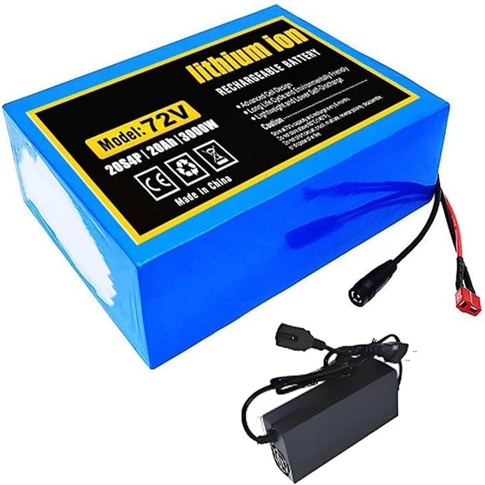 Batterie lithium-ion 72V 20Ah 20S4P avec chargeur et connecteur XT60 pour vélo électrique puissant