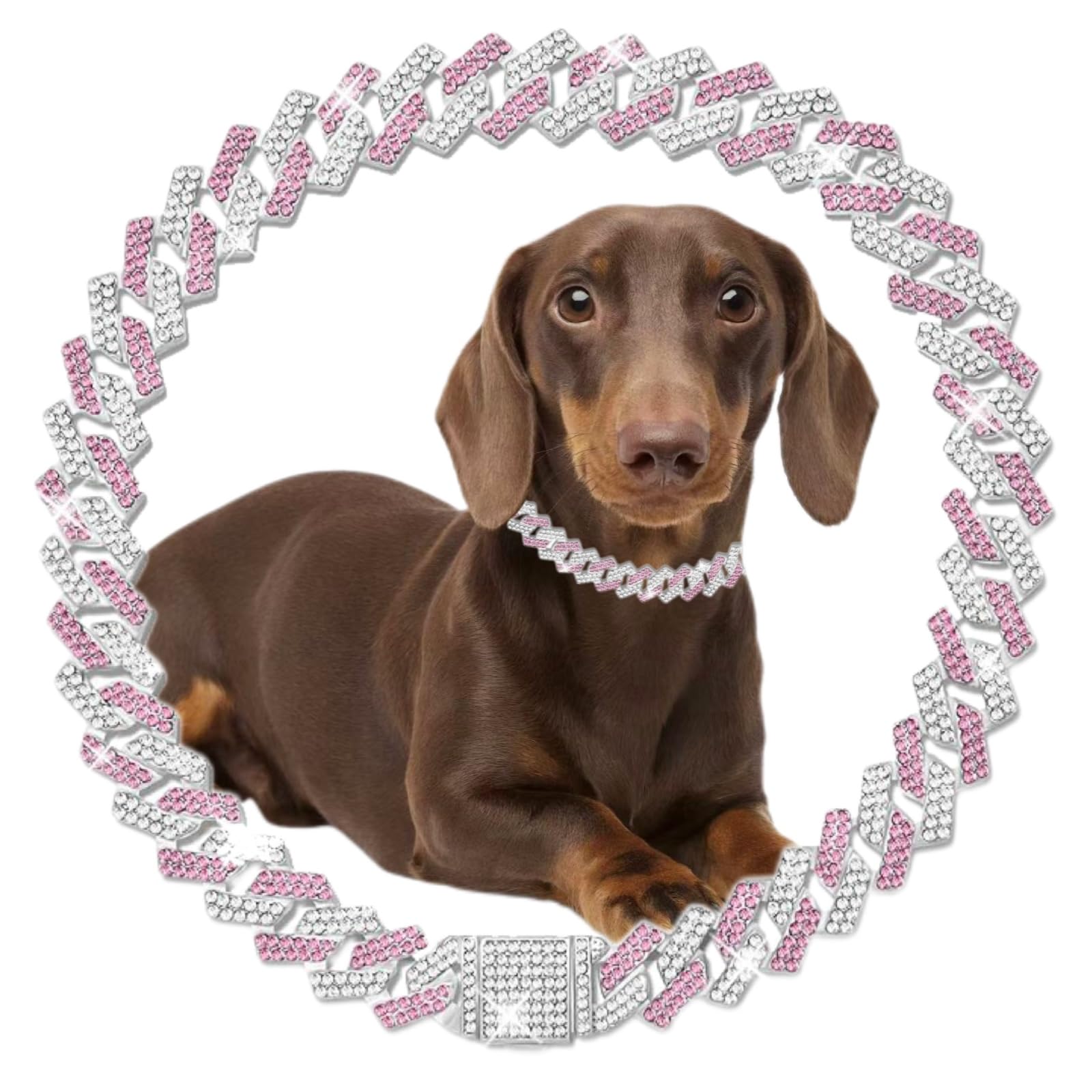 Pink Dog Chain Collar Rhinestone Bling Glitter Metal Cat Necklaces Diamond Cuban Link Puppy Collar, Pet Jewelry for XXS XS Small Medium Large Dogs