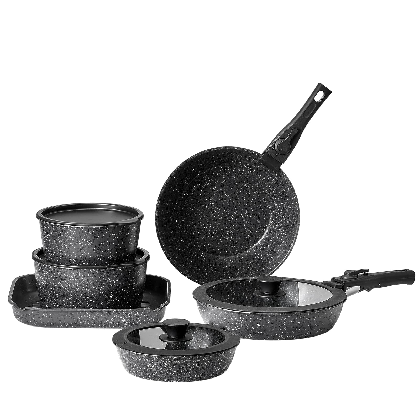 VEVOR Pentole e Padelle Antiaderenti, con Manico Staccabile, Set di Pentole a Induzione da Cucina per Camper, con Frittura, Coperchi in Vetro Temperato, Adatti al Forno,17 Pezzi Nero