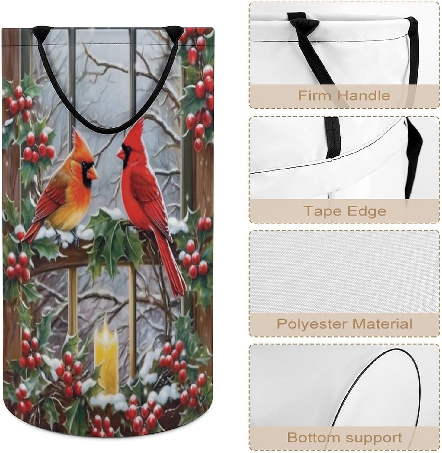 Winter Cardinal Birds At Window Large Laundry Basket Laundry Hamper Bag Washing Bin Clothes Bag Collapsible Tall With Handles Travel Bathroom College