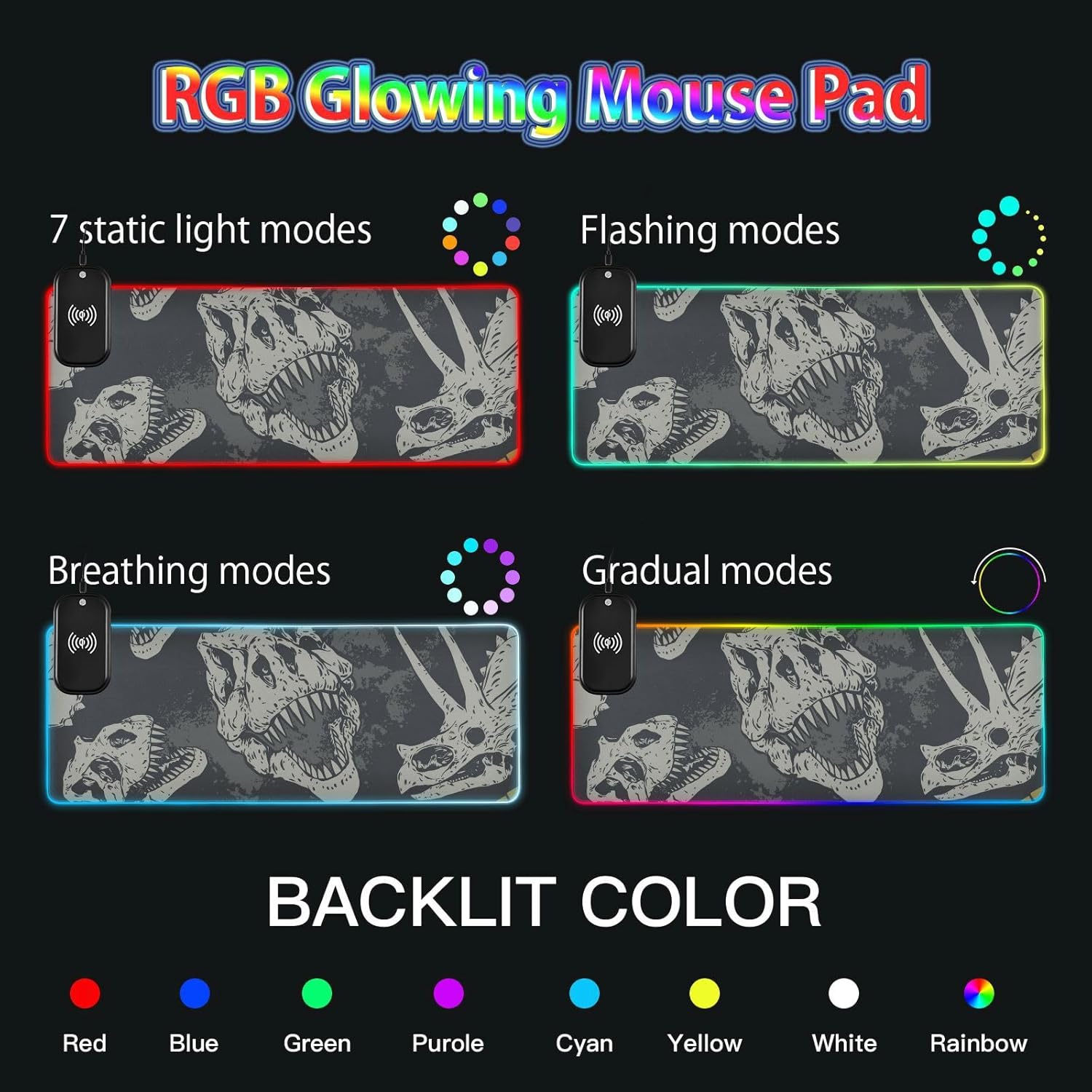 xigua Dinosaur Skull RGB Mouse Pad 35.4 x 15.7 Inch Soft LED Gaming Mouse Pad Non-Slip Base Smooth Surface Mousepad Desk Mat 14 Lighting Modes