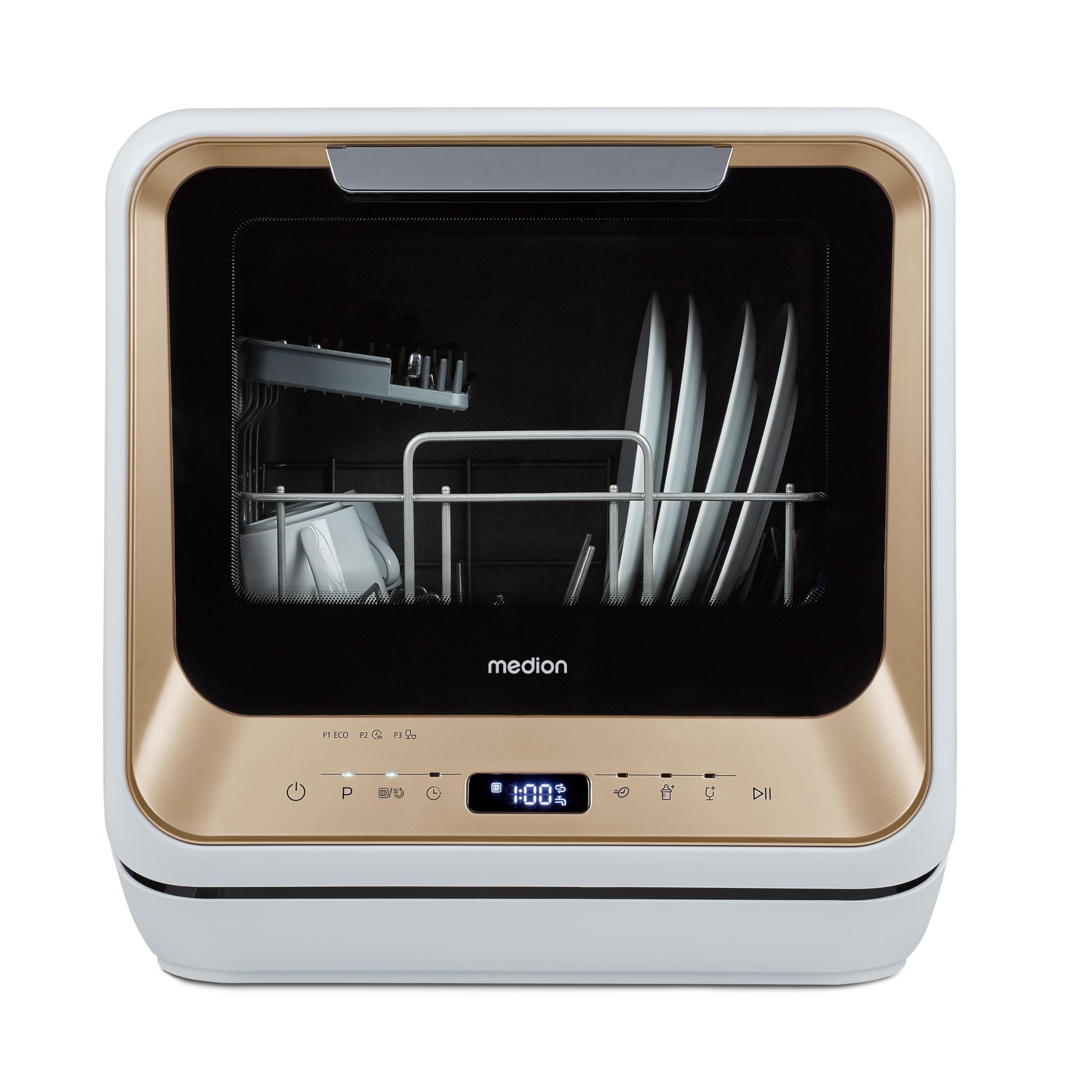 MEDION Mini lave-vaisselle DWT20 (lave-vaisselle de table, lave-vaisselle, 2 couverts, fonctionne avec/sans raccordement à l'eau, 6 programmes de nettoyage, biberons, départ différé, pose libre) or