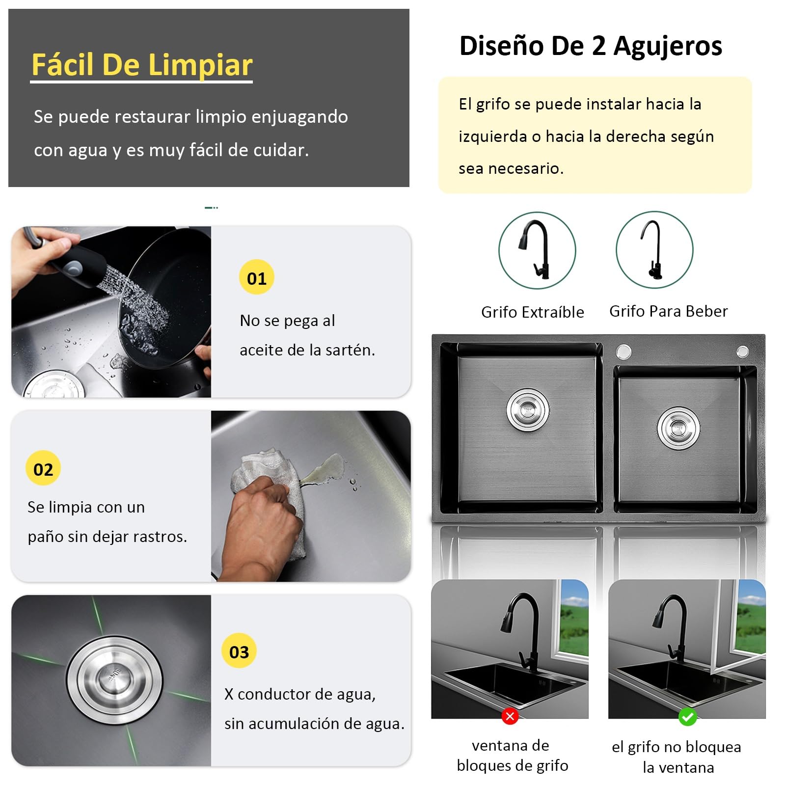 Fregadero de Cocina Negro de Acero Inoxidable 304 con Grifo extraíble, Cesta de desagüe Extensible, dispensador de jabón y Accesorios, Fregadero Doble Grande para Barra, estación d
