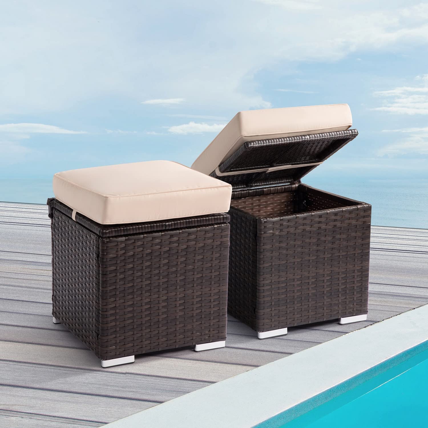 Jiomee Furniture™ Outdoor-Indoor Footrest Stool Seat Ottomans for Patio, Rattan Brown Wicker Ottomans with Storage (Beige Cushion)-image-1