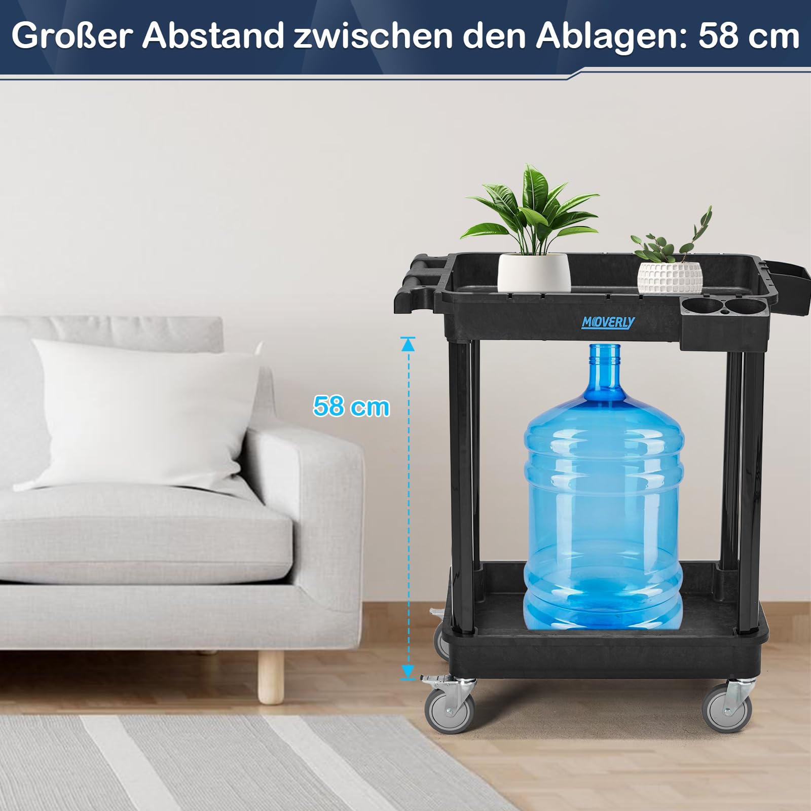 Schwerlast-Utility-Wagen mit 2 Ablagen, 71 x 48 cm, 100 kg Tragkraft, robuster Kunststoff, mit feststellbaren Schwenkrollen – vielseitiger Servicewagen für Zuhause, Büro & Industrie