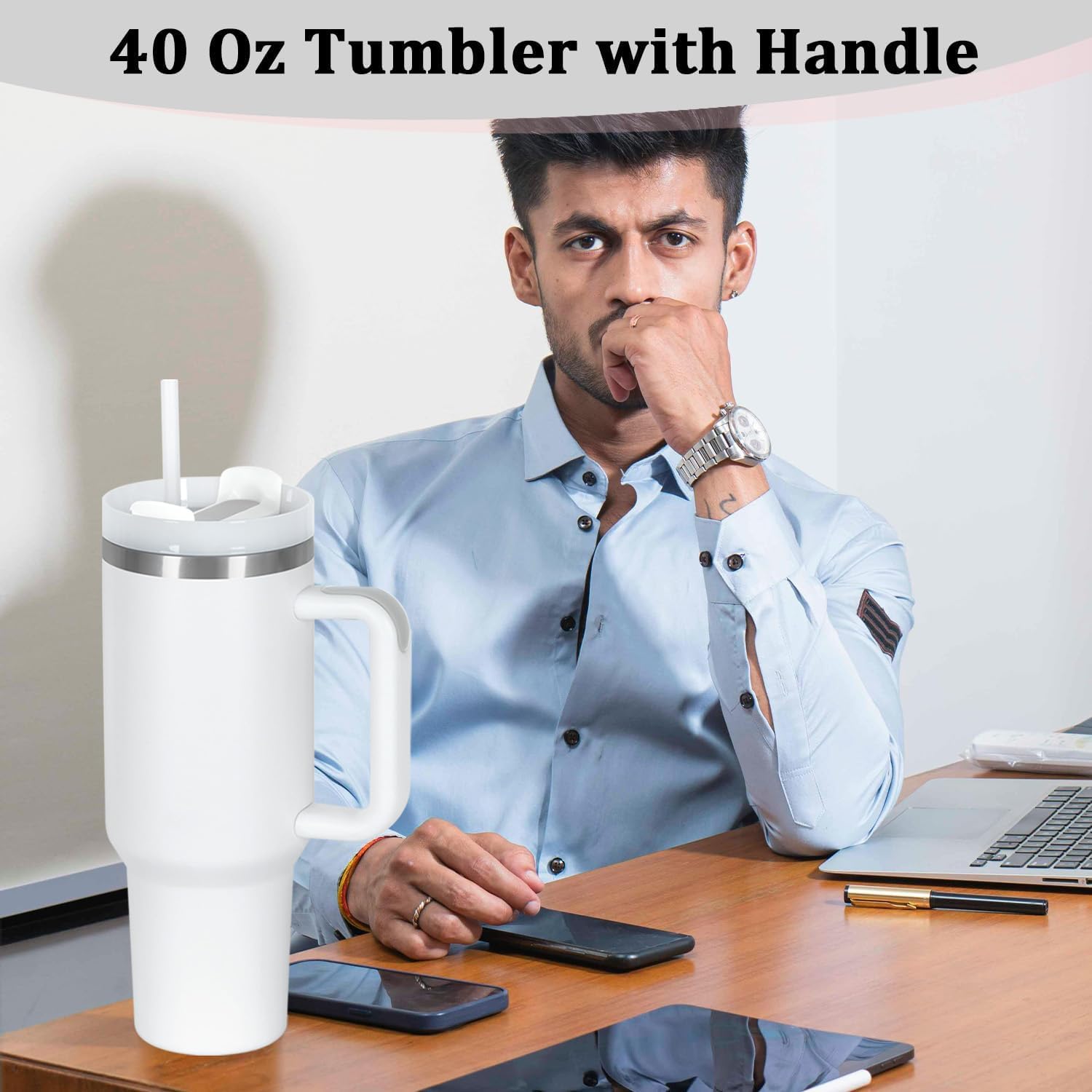 4 Pack 40 Oz Tumbler with Handle Bulk, Double Wall Vacuum Insulated Stainless Steel Tumbler with Lid and Straw, 40 oz cup with Silicone Spill Proof Stopper Set (White) - Image 7