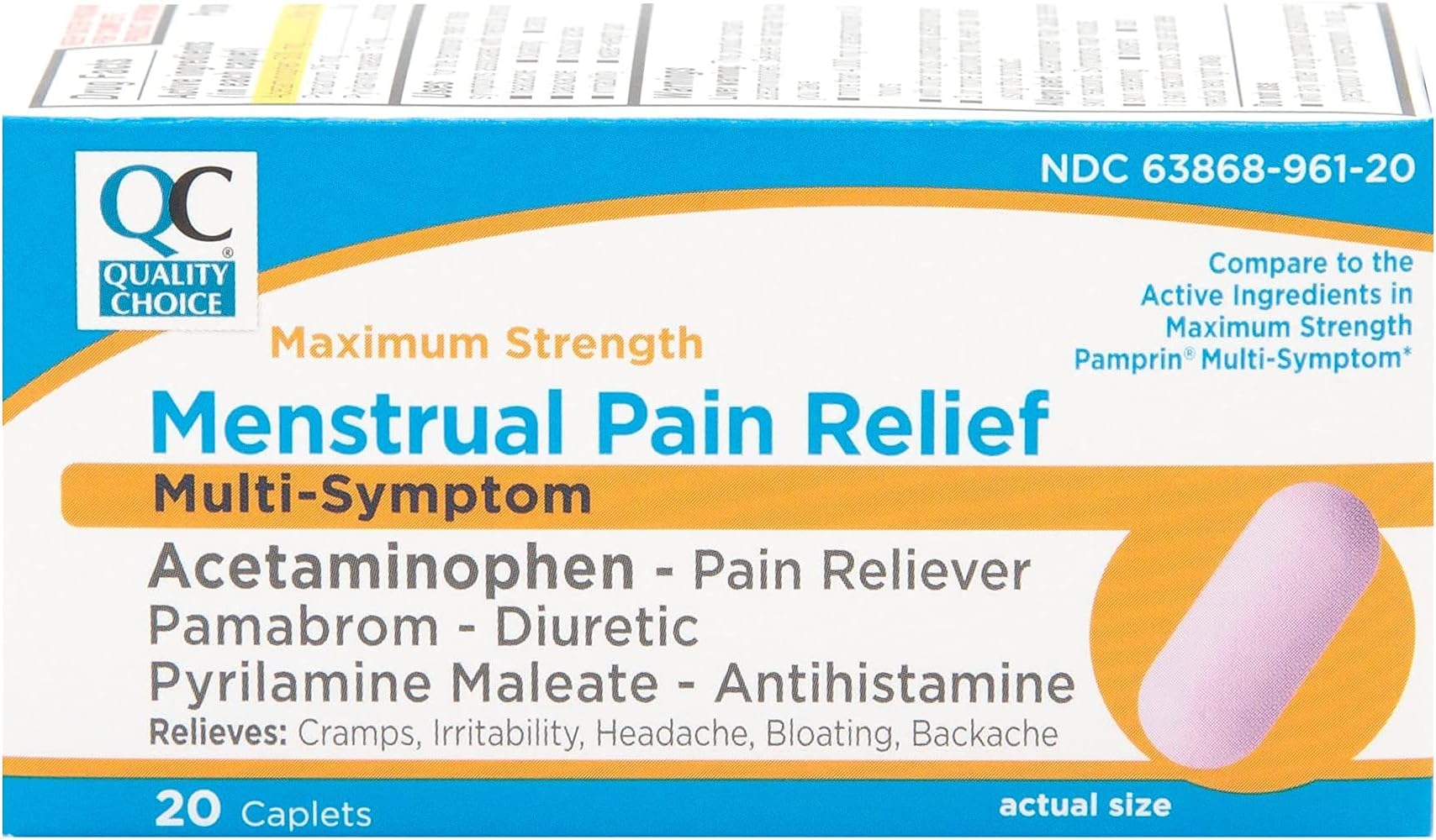 Maximum Strength Mentrual Pain Relief, Multi Symptom Pain Relief Caplets, Cramps, Headache, Bloating, Backache & Irritability, 20 Count Package