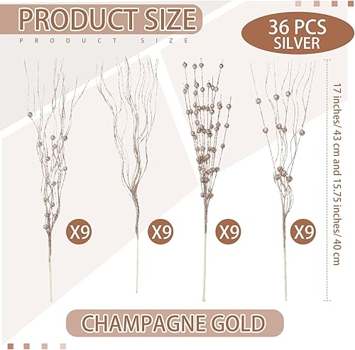 Miniatura 2 de 36 tallos de bayas artificiales con purpurina de 17 pulgadas, 15 pulgadas, 4 estilos, ramas grandes con purpurina para árbol de Navidad, corona de