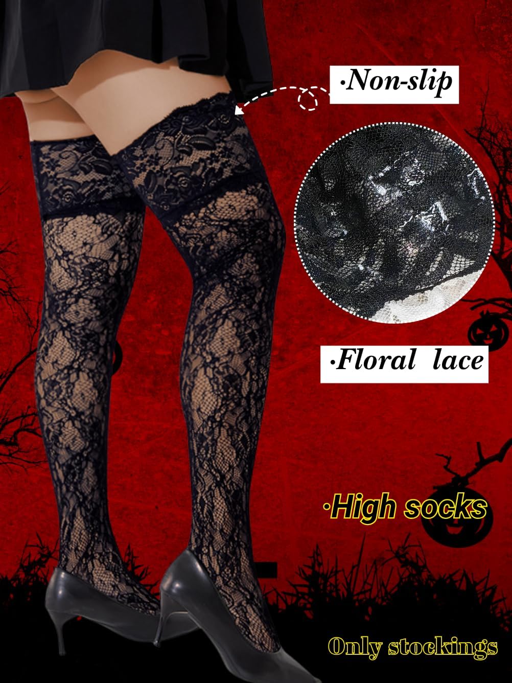 Lace Thigh Highs,Patterned Fishnet Stockings For Women,Goth Floral Tights Costume Festival Party Size 0-10 - Image 2