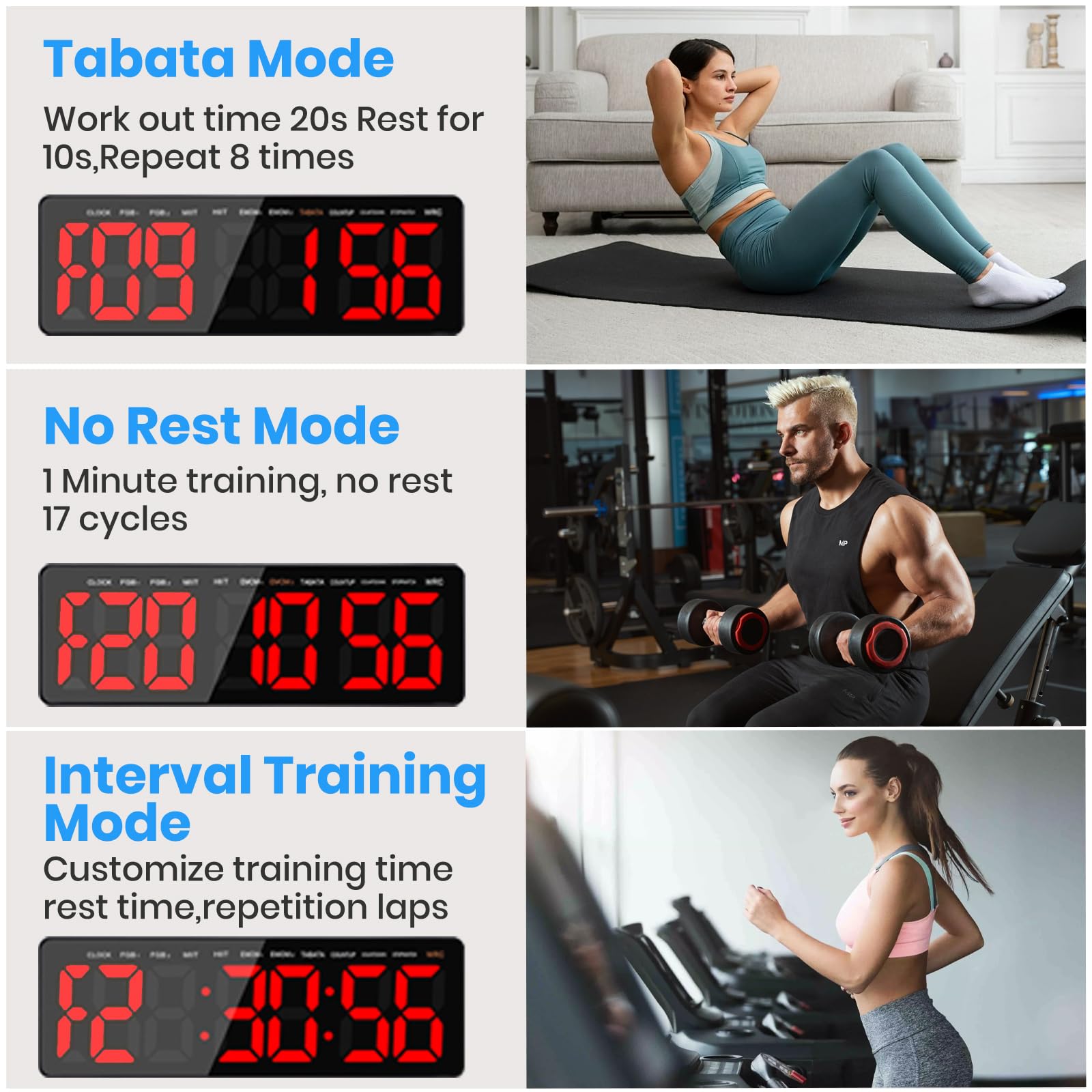 Manoive Fitness Training Gym Timer, 33,5 cm Digitale Wanduhr, LED Sport Timer met Countdown/Up, Stopwatch voor Thuis, Workout, Outdoor Sportoefeningen, 3 Instellingen voor Geluids- en
