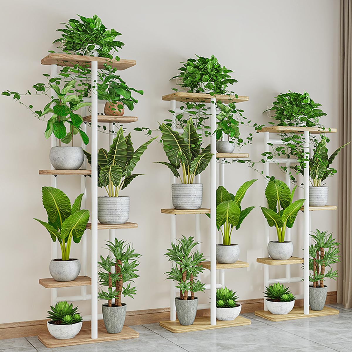 5 Tier Hölzern Blumenregal Metall Pflanzenregal, Mehrstöckig Blumenständer, Pflanzenständer Indoor Outdoor, Blumenbank Blumentreppe, Pflanzentreppe Standregal für Garten, Balkon, Terrasse, A