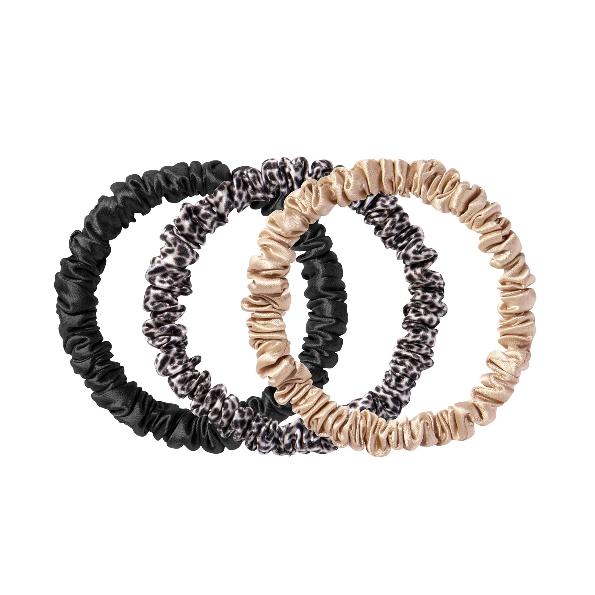 SLIP Skinny Scrunchies: Elevate Your Hair Game with Anti-Crease, Anti-Breakage Design,Crafted from Slipsilk™, Fierce: 3 Pure Silk Skinny Scrunchies in Black, Caramel & Leopard