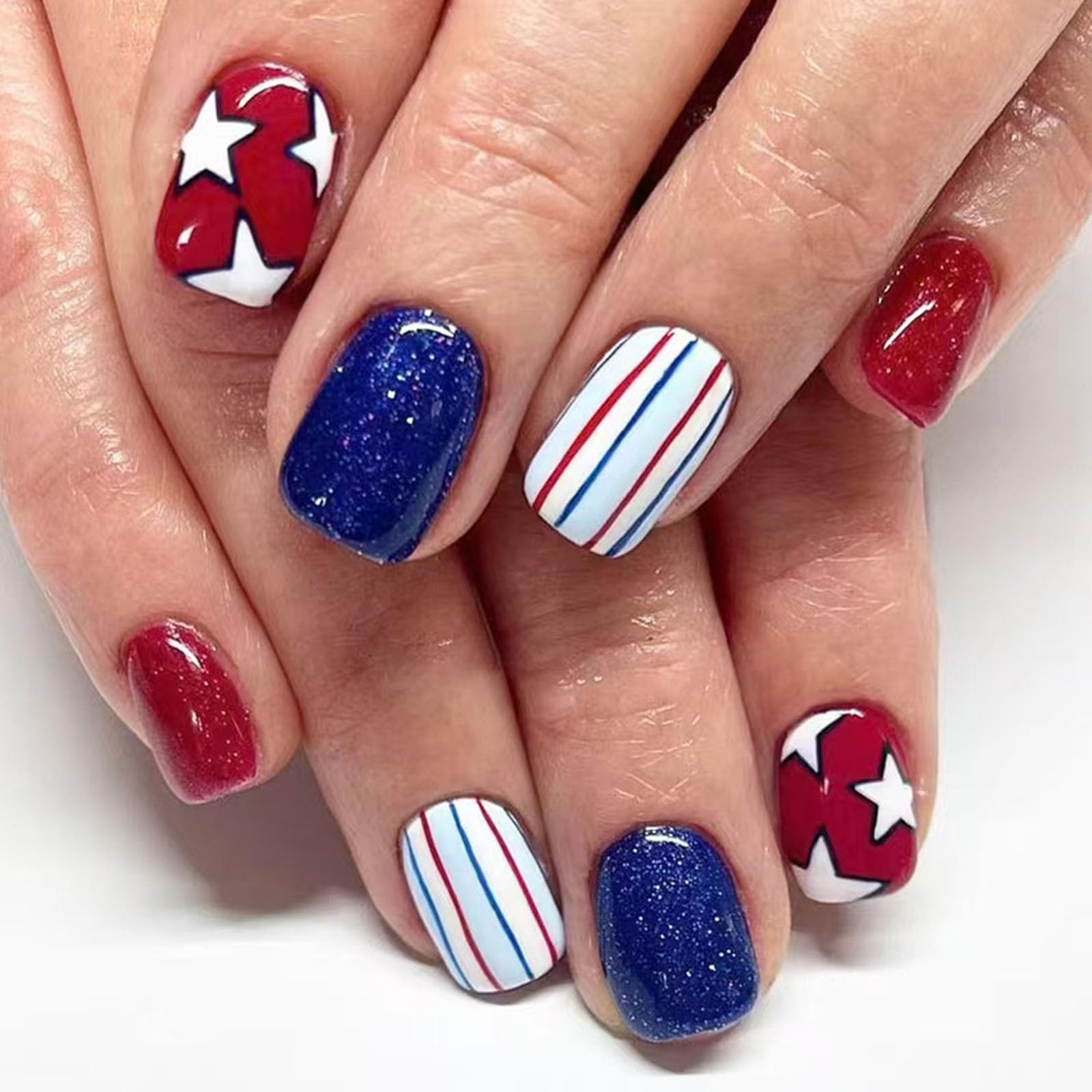 Independence Press on Nails Square Short 4th of July Nails Press ons White Stars Lines Glitter Design Blue Red Glue on Nails July 4th Fake Nails