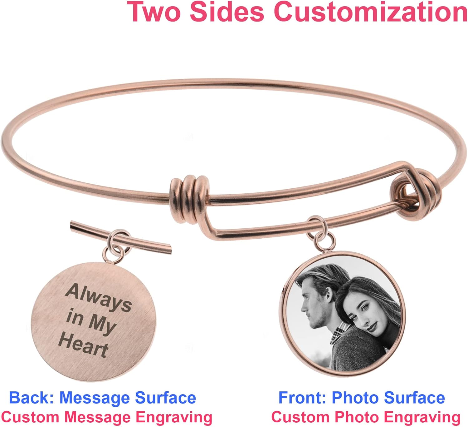 Personalized Photo Text Engrave Custom Message Picture Dangle Charm Adjustable Wire Bangle Bracelet Family Friend Inspirational Gift